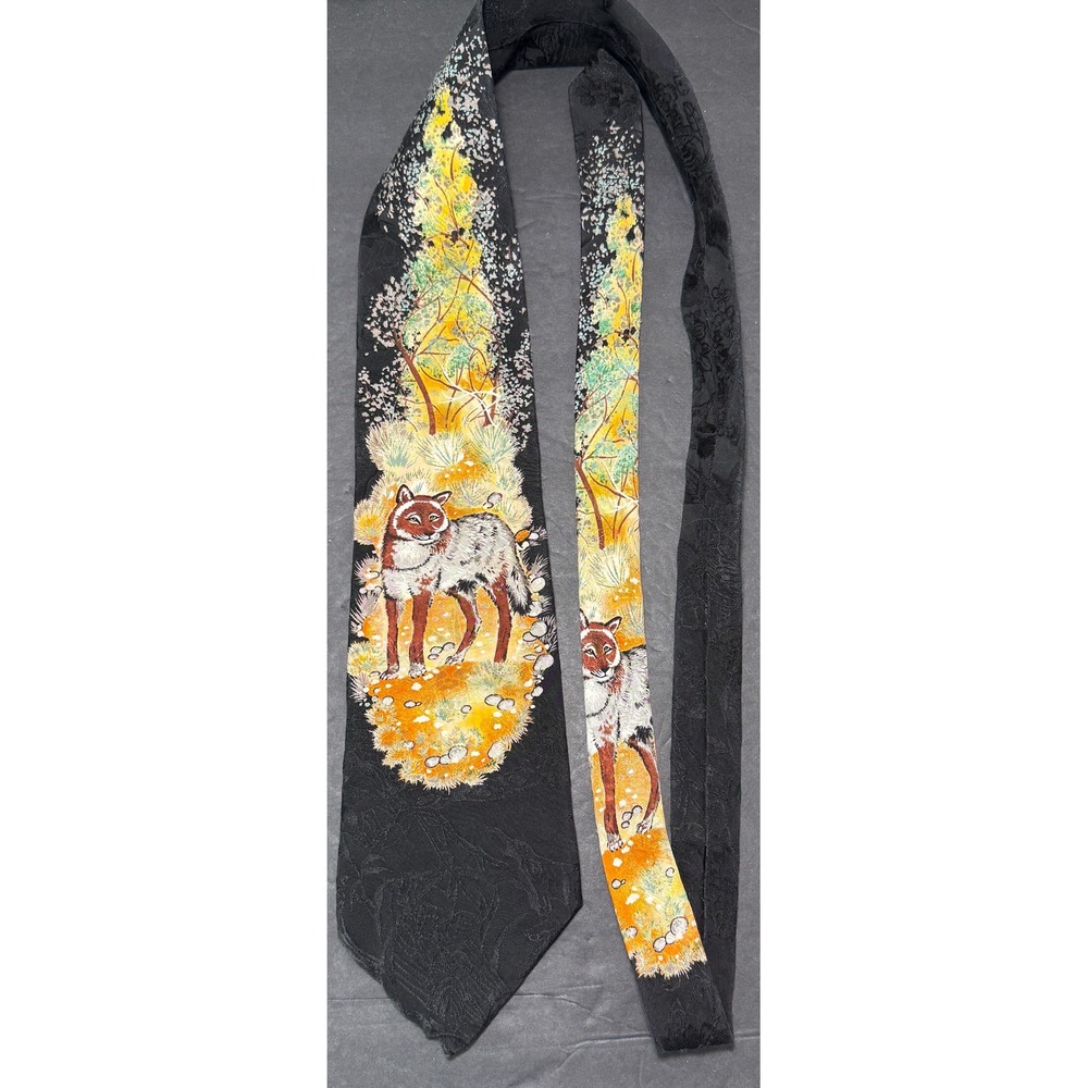 Endangered Species Necktie Mens OS Black Texas Red Wolf Silk Nature Print USA